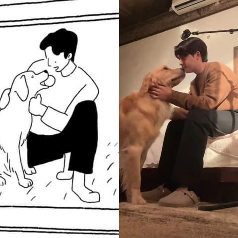 Two images side by side.
Left image: black and white line drawing of a man kneeling and accepting a ball from the mouth of a happy dog.
Right image: Doh Kyungsoo sits on a bed and accepts chin kisses from a golden retriever.