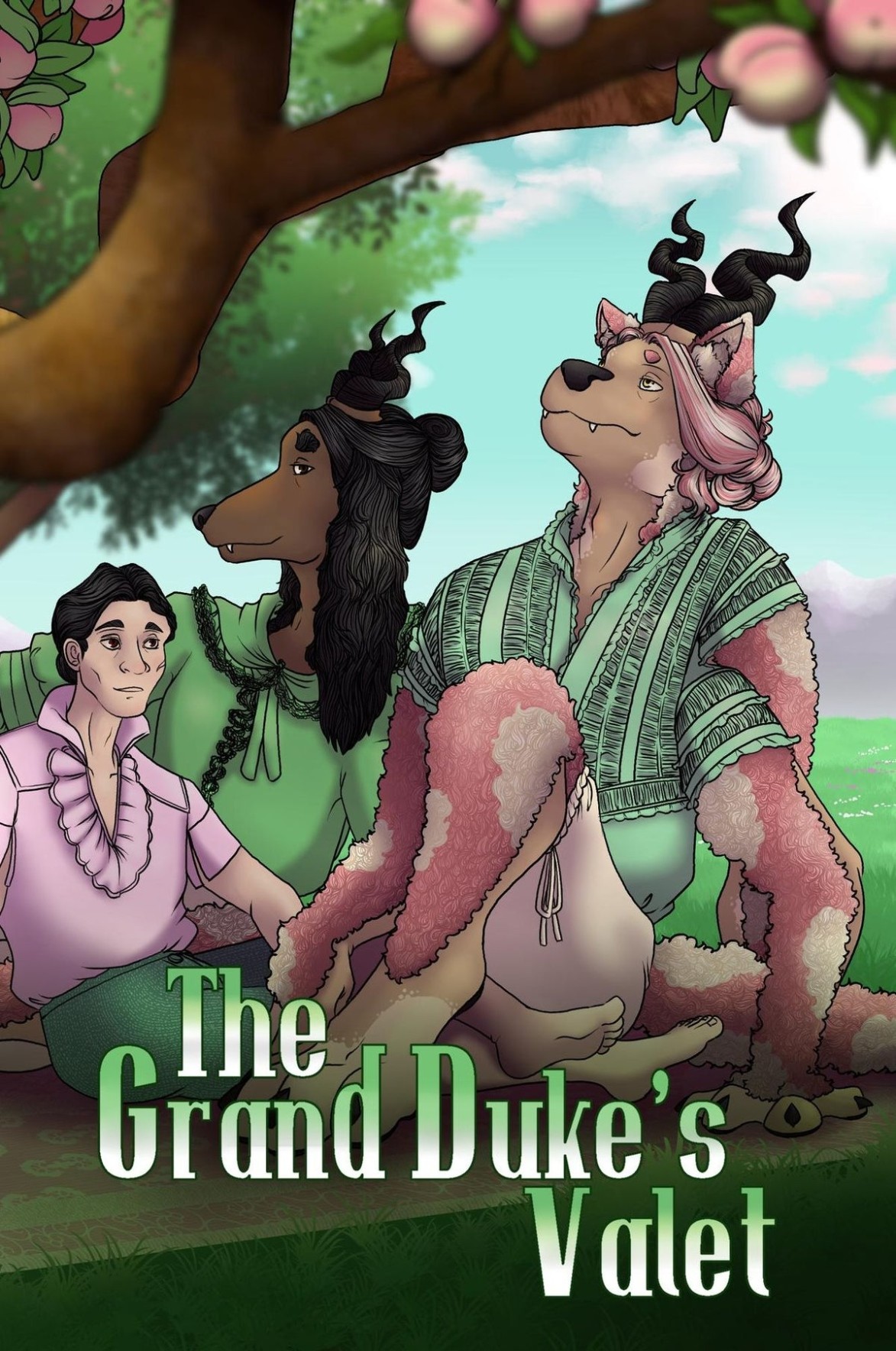 Illustrated book cover of "The Grand Duke's Valet" with two tall 6-limbed dog men sitting under a tree with a human man wearing a frilly pink blouse.