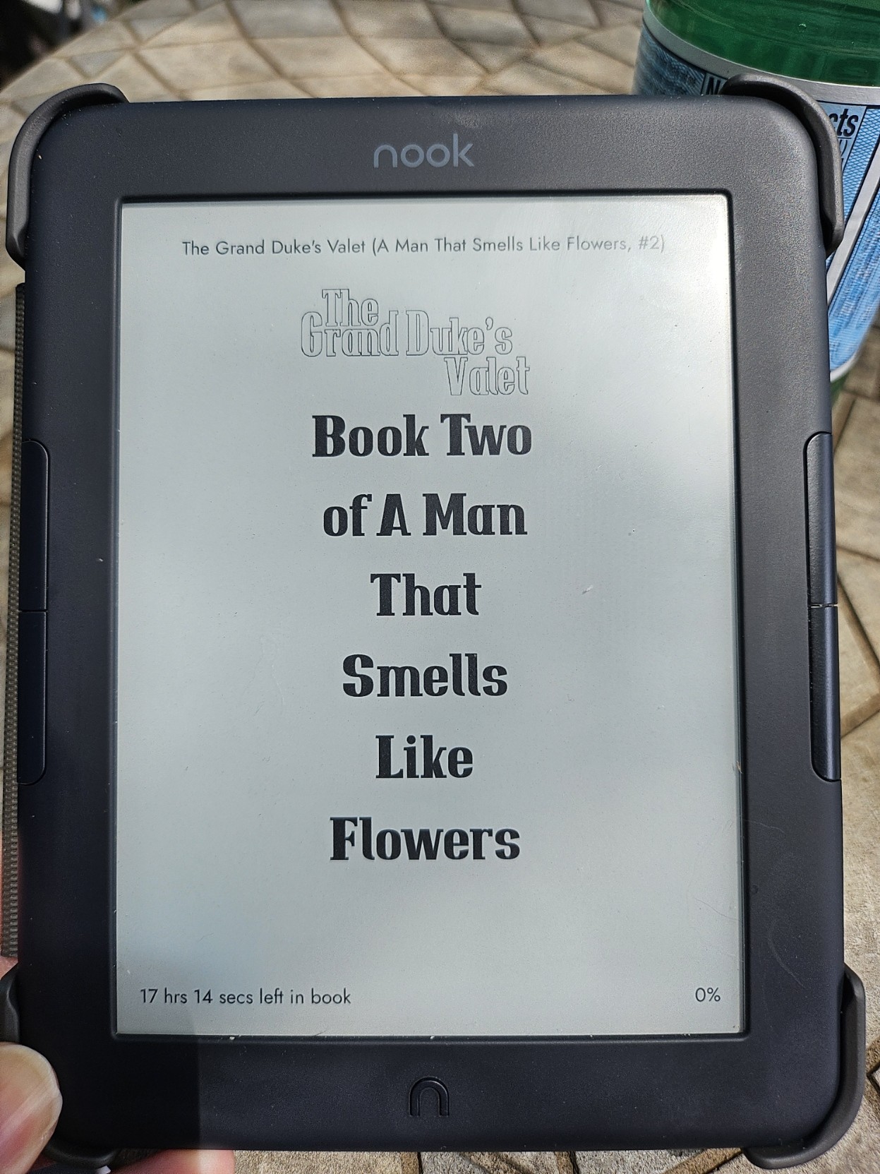 Photo of an e-reader with the black and white inside cover page of "The Grand Duke's Valet: Book Two of A Man That Smells Like Flowers"