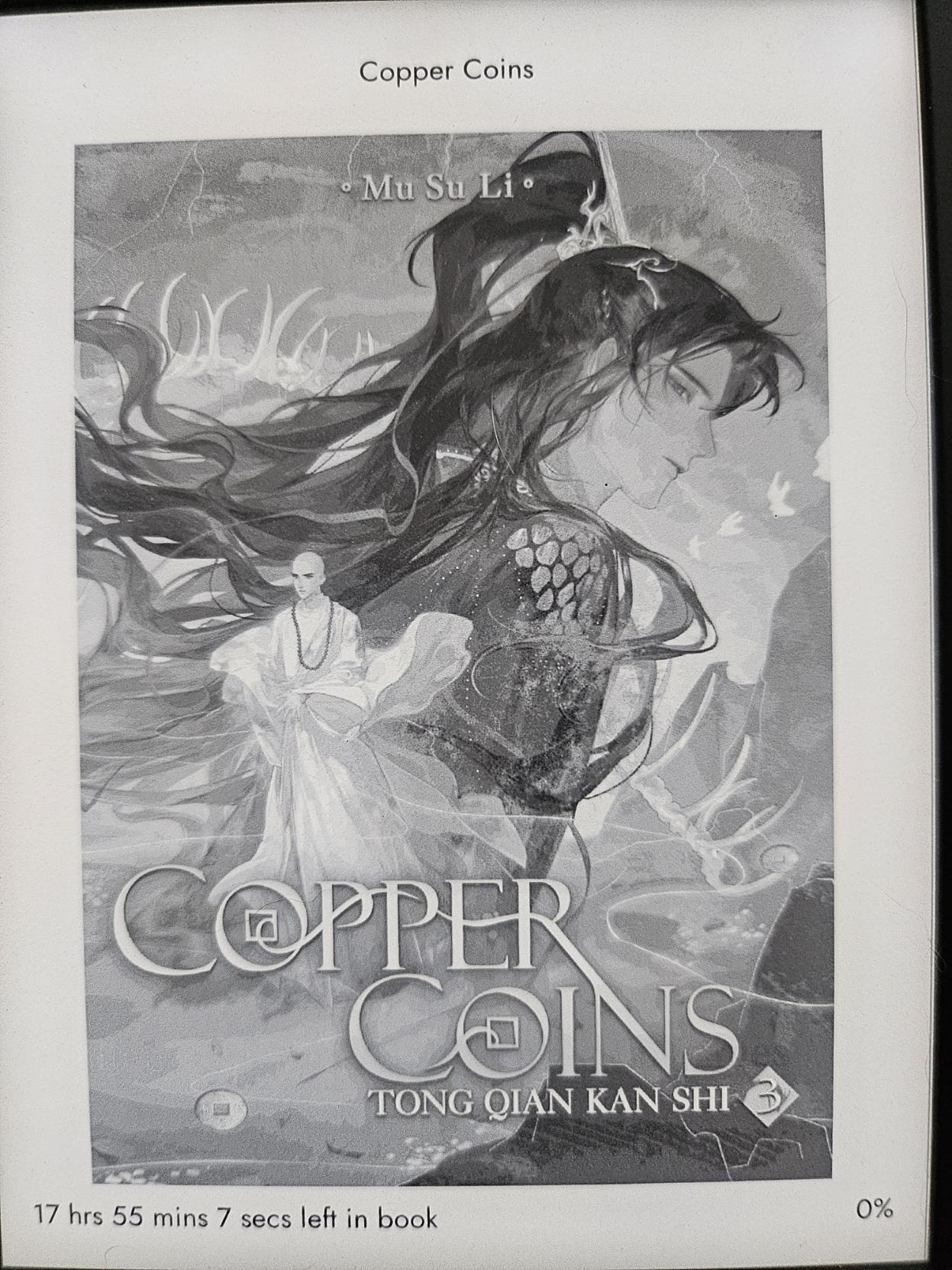 Black and white cover image for the book "Copper Coins: Tong Qian Kan Shi, 3" by Mu Su Li. A bald monk in white stands, sleeves flapping in the wind. Behind him is the giant profile of a man in black, looking over his shoulder with a smirk.